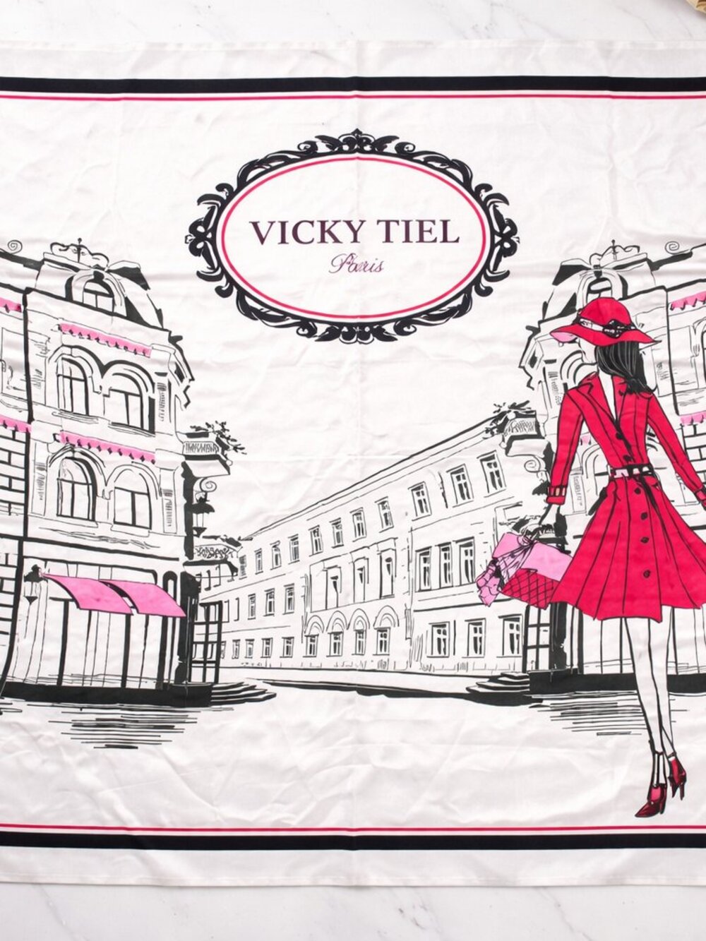 Vicky Tiel Paris Scarf 36x36 White Black Pink Parisian Fashion Illustration
